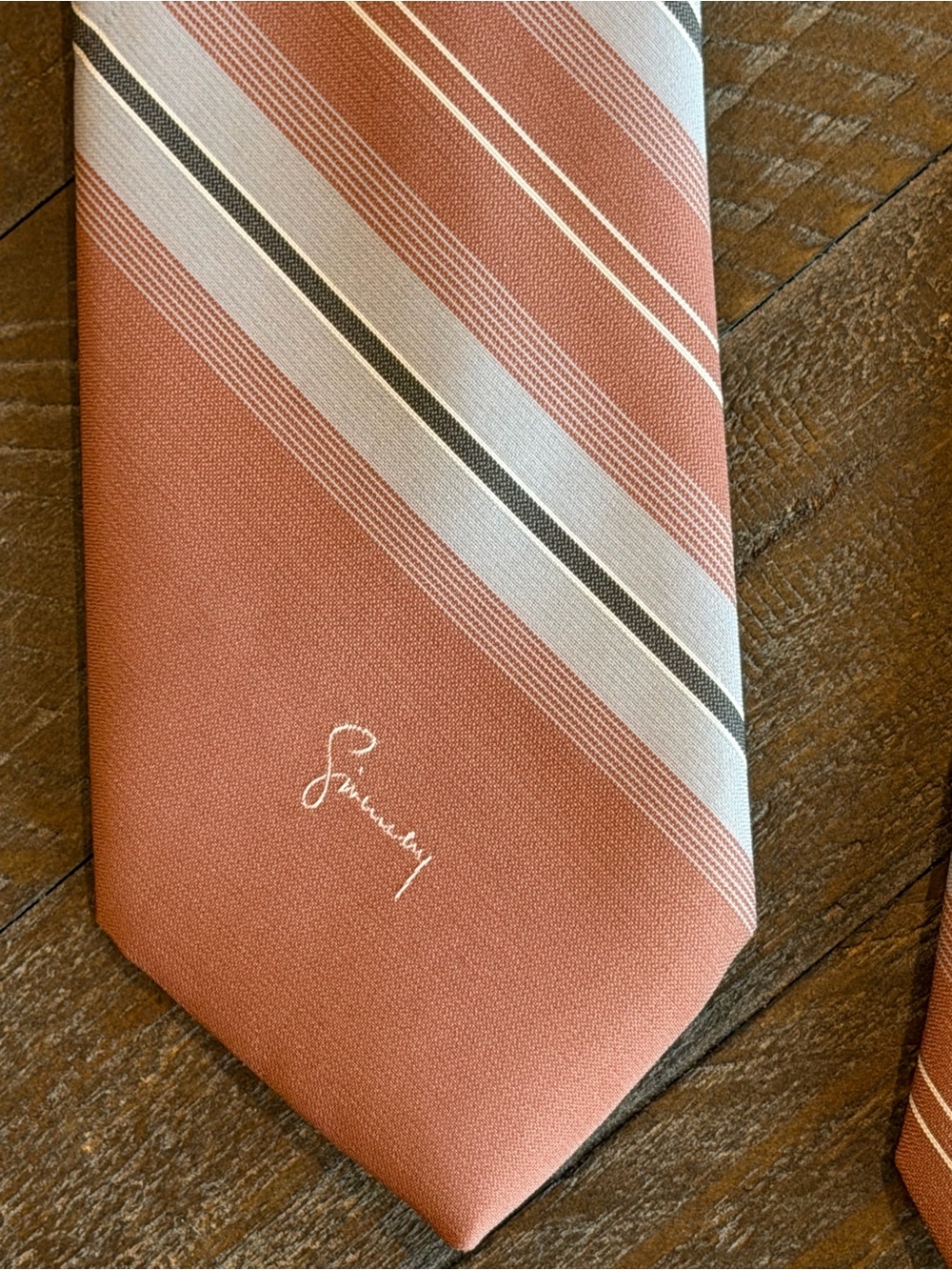 Givenchy Coral and White Striped Silk Tie with Subtle Gray Accent